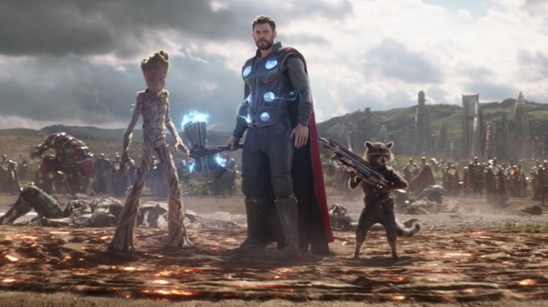 Thor with stormbreaker groot and rocket infinity war