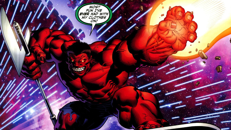 Cosmic Red Hulk holds a halberd