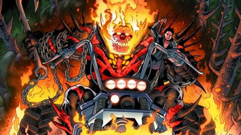 Flaming Symbiote Red Hulk rides massive motorcycle