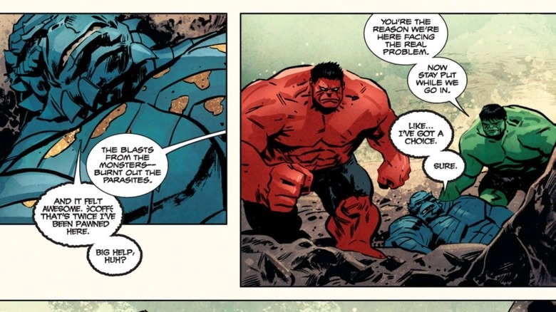 Red Hulk, Hulk, and A-Bomb in wasteland