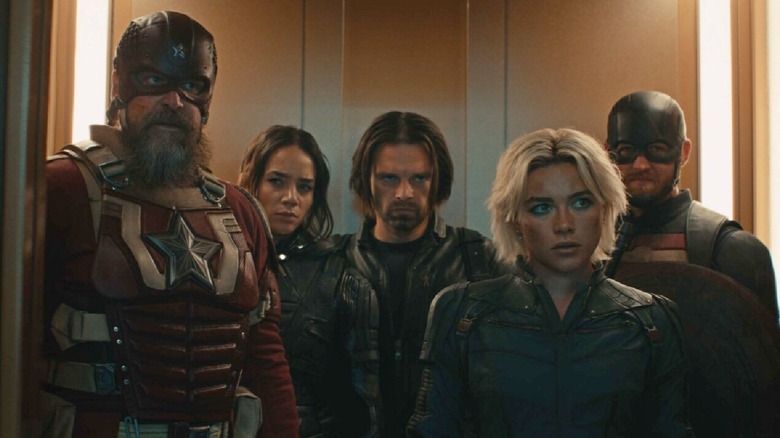The Thunderbolts stand in an elevator in "Thunderbolts*" (2025)