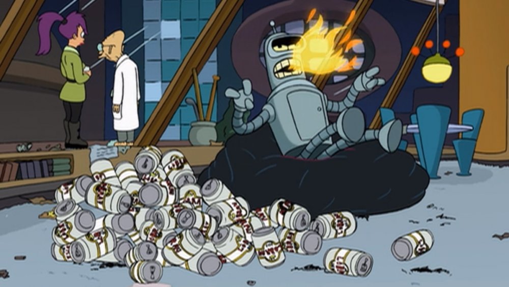 Leela, Fry, Bender, and a pile of beer cans in "Futurama"