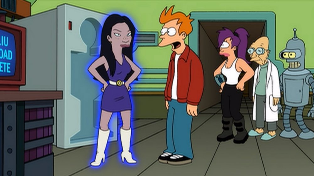 Lucy Liu-Bot, Fry, Leela, Professor Farnsworth, and Bender in "Futurama"