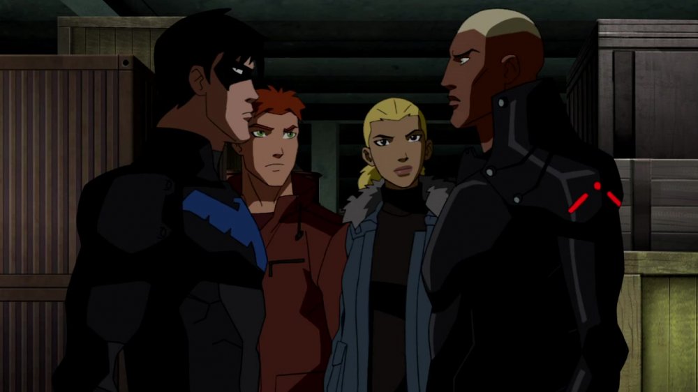 The four co-conspirators, Nightwing, Wally West, Artemis, and Kaldur'ahm, discussing their plan