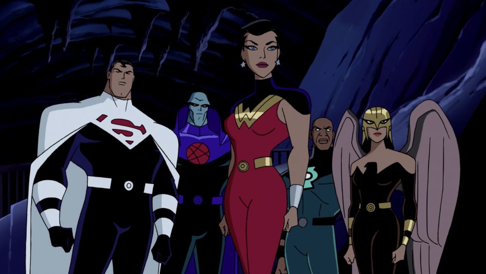 The Justice Lords Superman, Martian Manhunter, Wonder Woman, Green Lantern, and Hawkgirl in the Batcave