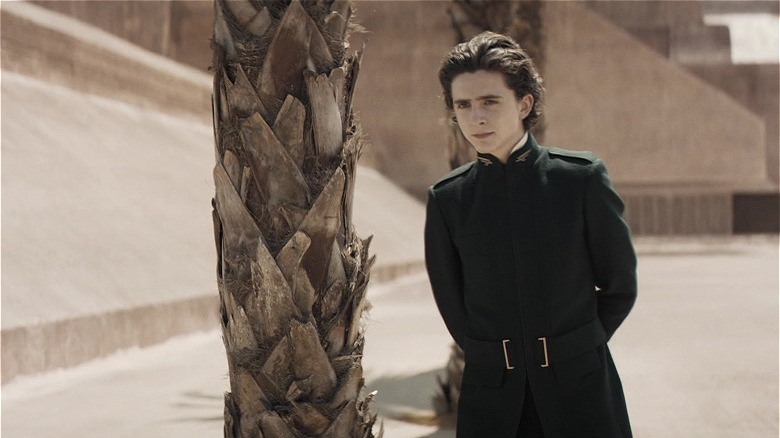 Paul Atreides standing under palm tree