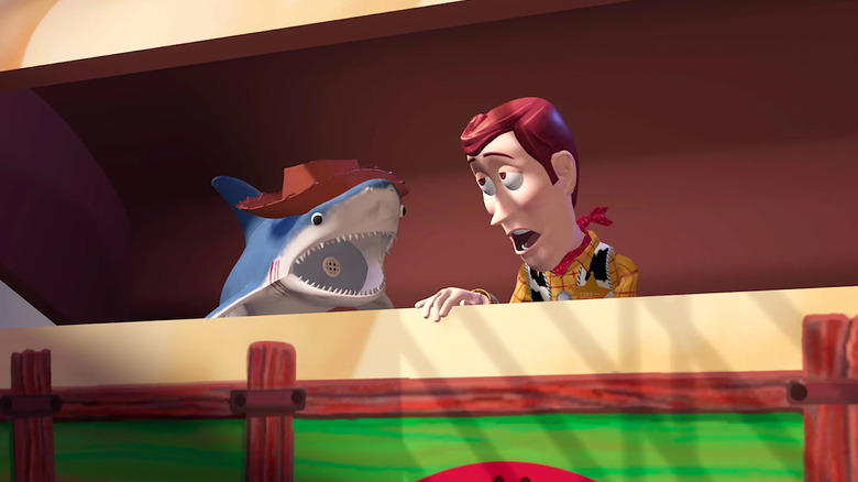 Shark toy saying I'm Woody