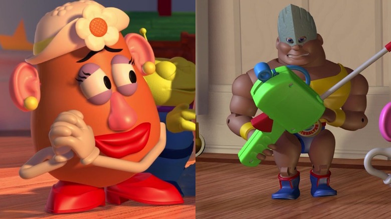 Mrs. Potato Head smiling and Rocky Gibraltar holding remote control