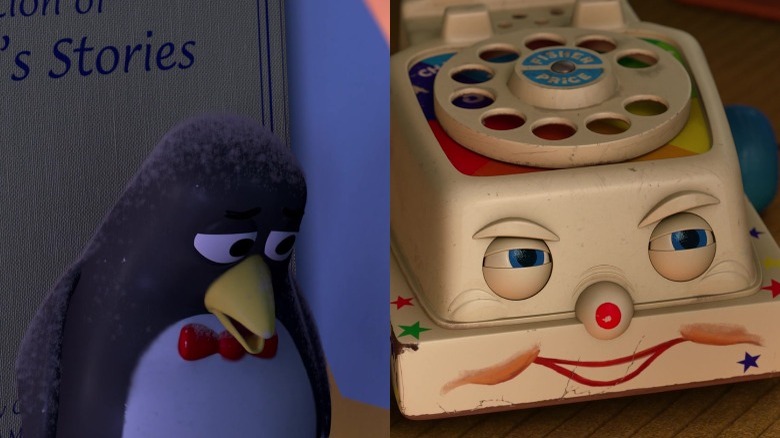 Wheezy bowing his head and Chatter telephone narrowing his eyes