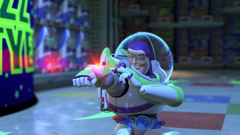 Buzz Lightyear using his laser