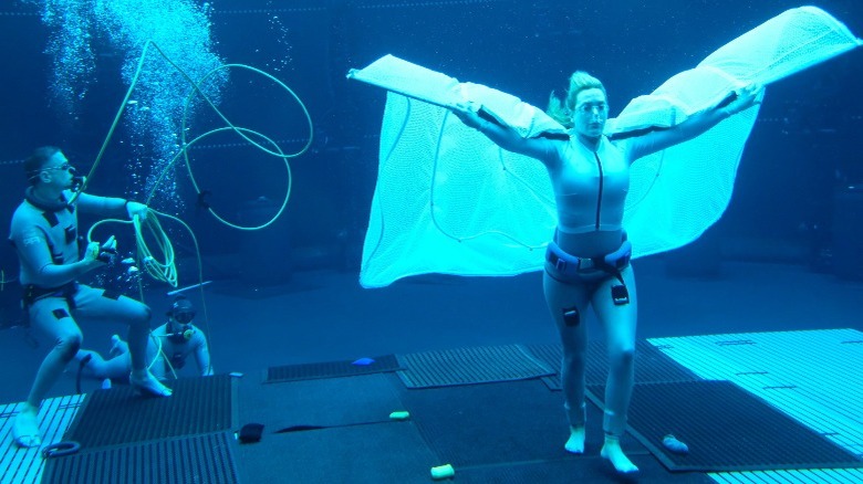 Kate Winslet underwater in a motion capture suit