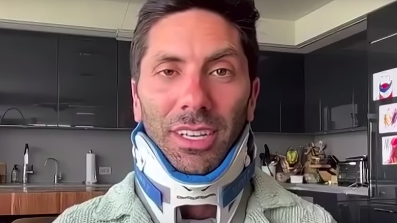 Nev Schulman giving an interview to TMZ while wearing a neck brace