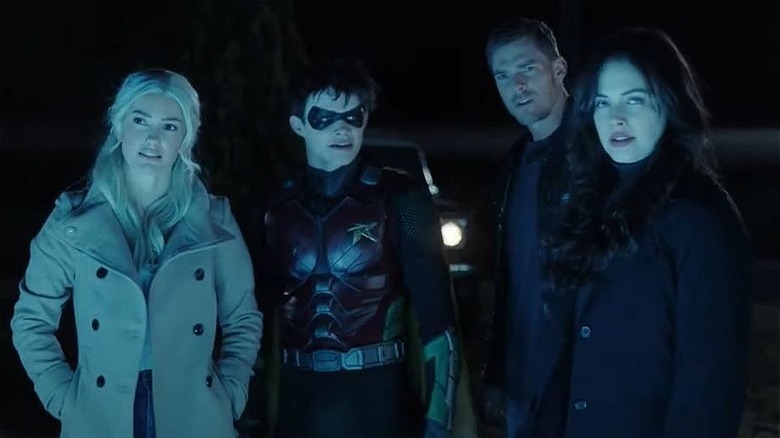 Dove, Jason, Hawk, and Donna Troy standing