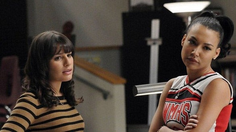 Rachel and Santana glaring at someone on "Glee"