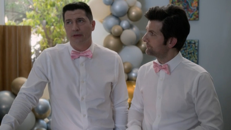 Ken Marino and Adam Scott wearing pink bowties