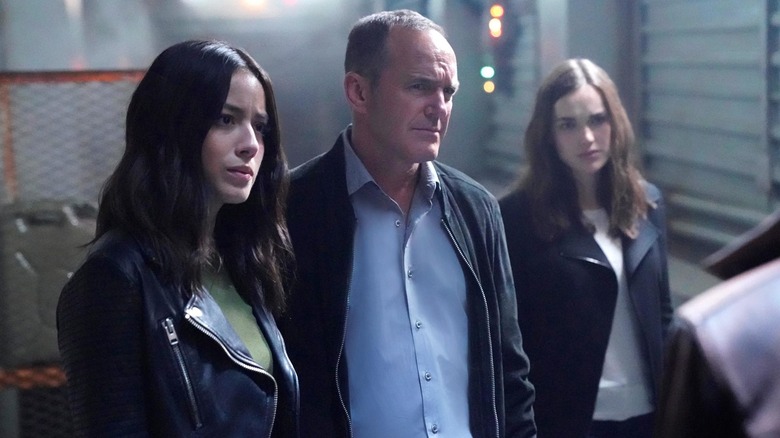 Coulson, Daisy, and Jemma in a warehouse