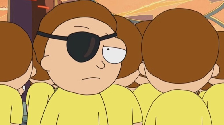 Evil Morty with eye patch looking behind