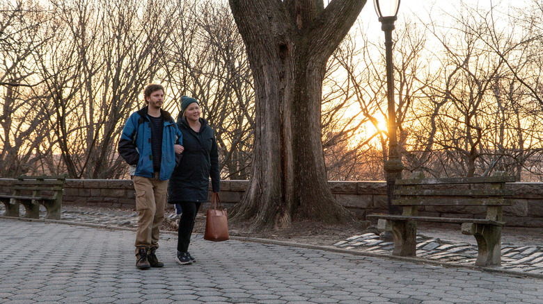 Michael Cera and Amy Schumer walking