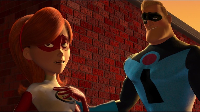 Mr. Incredible chatting with Elastigirl on top of a building