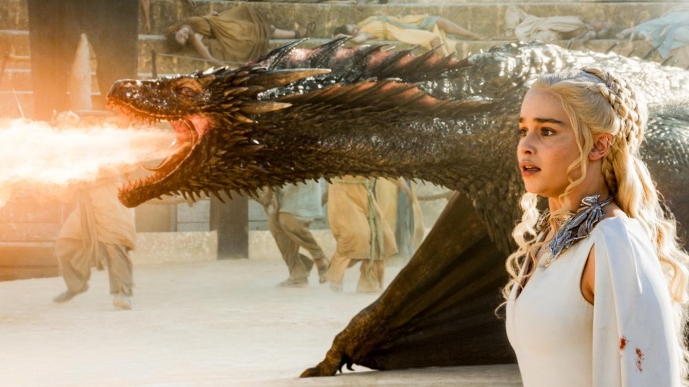 Emilia Clarke as Daenerys Targaryen and Drogon on Game of Thrones