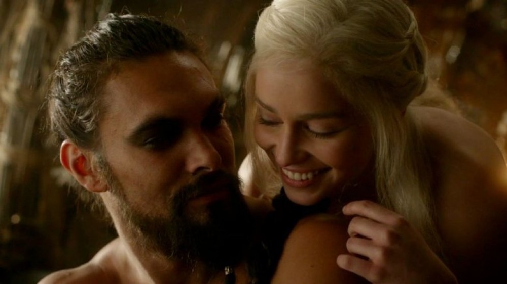 Jason Momoa as Khal Drogo and Emilia Clarke as Daenerys Targaryen on Game of Thrones