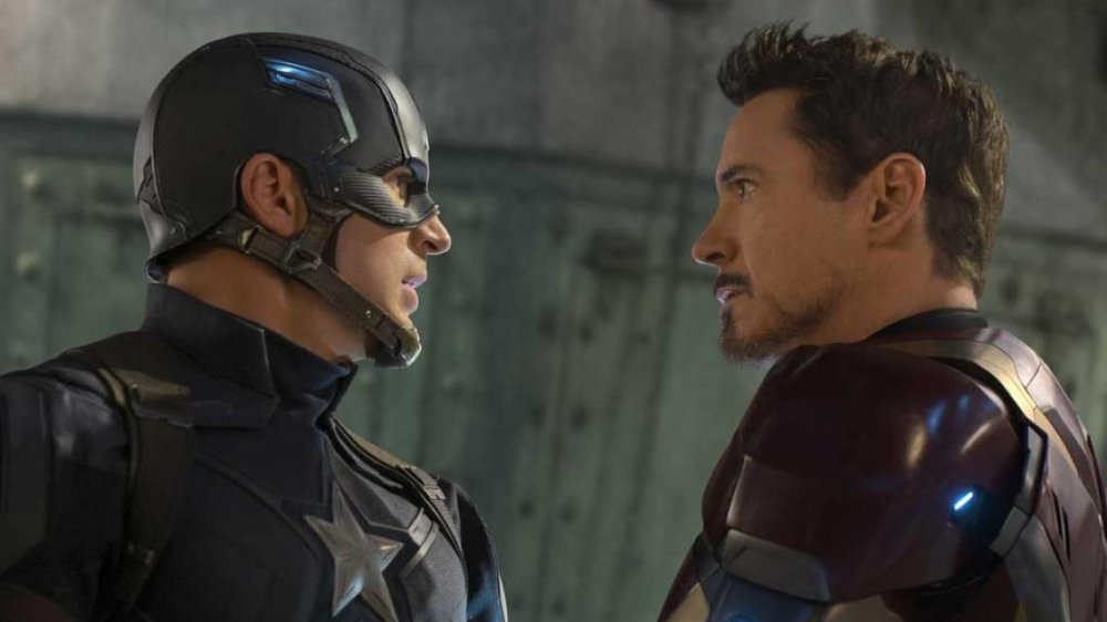 Chris Evans as Captain America and Robert Downey Jr. as Iron Man in Captain America: Civil War