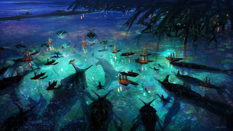 Concept art for Avatar: Fire and Ash showing an array of creatures and Na'vi.