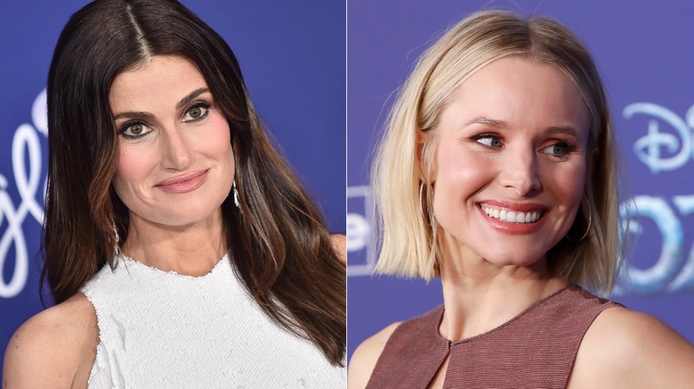 Split image of Idina Menzel and Kristen Bell smiling against blue backgrounds.