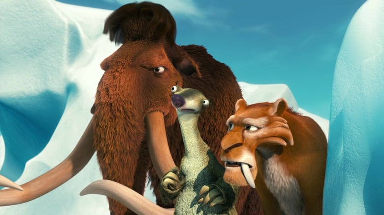 Manny, Sid, and Diego looking unsure in "Ice Age: The Meltdown"