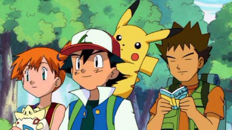 Ash, Pikachu, Brock and Misty in the woods