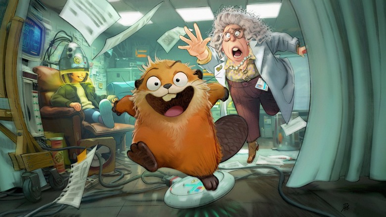 Concept image for Hoppers with a beaver running away from an older woman