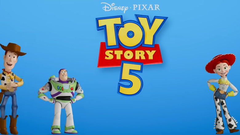 Toy Story 5 logo on blue background with Woody, Buzz, and Jessie smiling