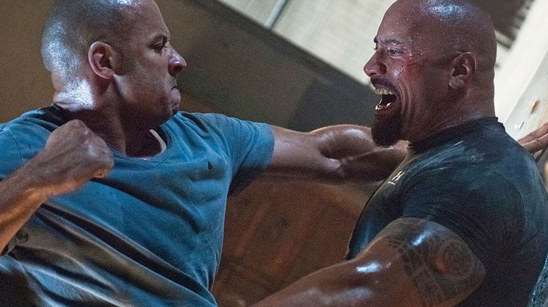 Dom Toretto and Luke Hobbs fighting