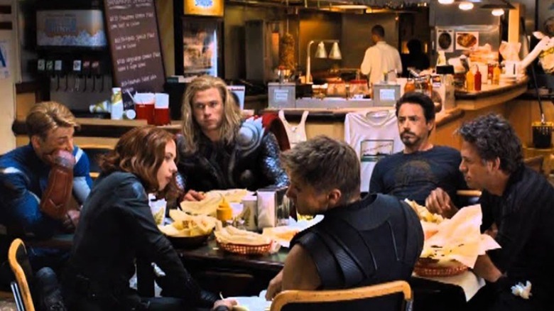 The Avengers eating shawarma