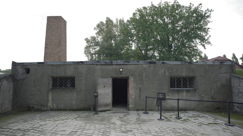 The exterior of an entrance to present-day Auschwitz