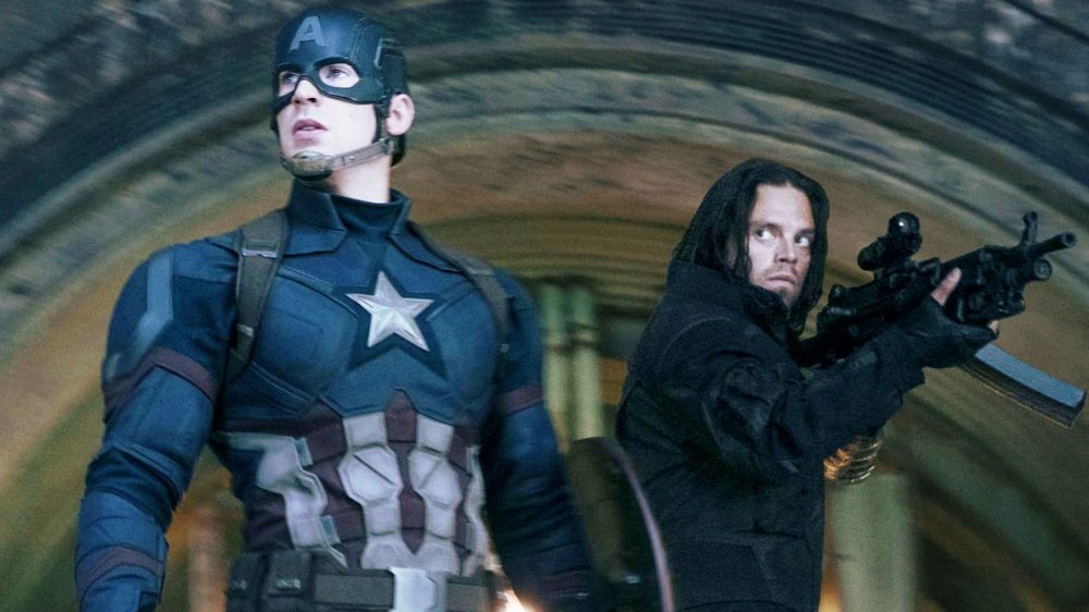 Chris Evans as Steve Rogers and Sebastian Stan as Bucky Barnes in Captain America: Civil War