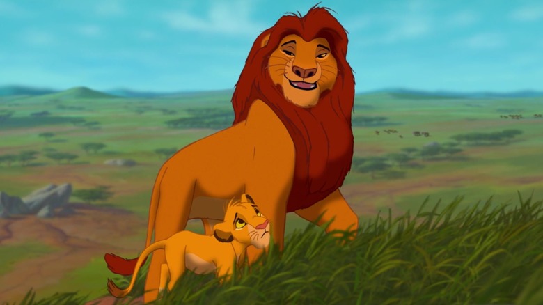 Simba and Mufasa walking on grass in the Pride Lands