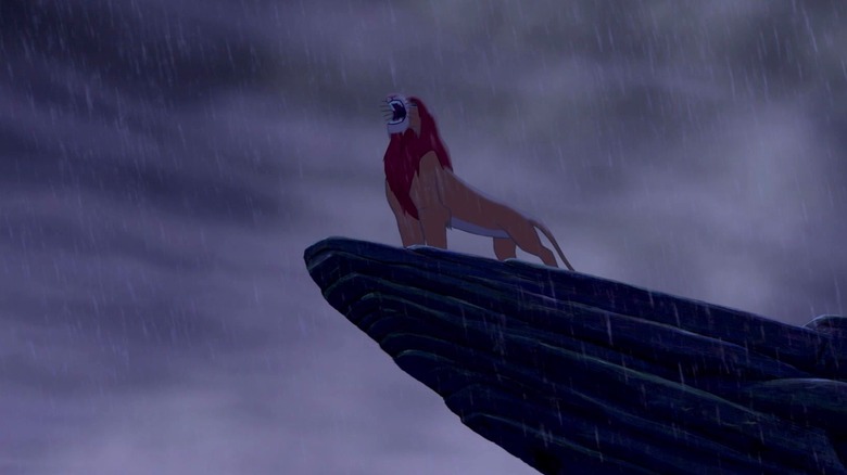 Simba roars from Pride Rock as rain pours down