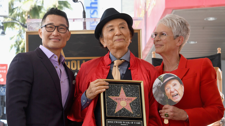 Daniel Dae Kim, James Hong, and Jamie Lee Curtis attending Hong's Hollywood Walk of Fame ceremony