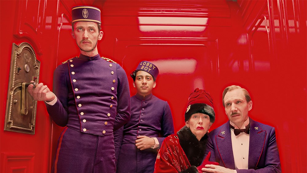 Tony Revolori, Tilda Swinton, and Ralph Fiennes in The Grand Budapest Hotel