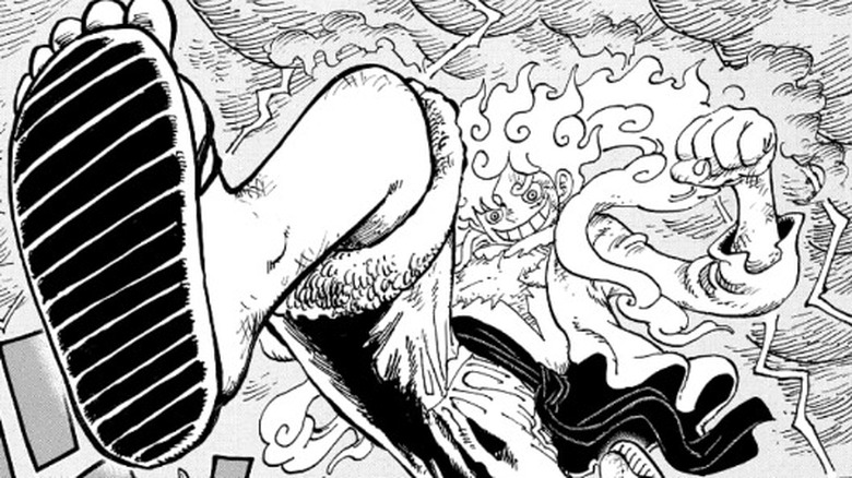 A giant Luffy stomping down from the sky