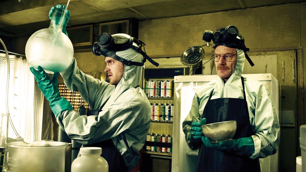 Aaron Paul and Bryan Cranston cook the blue stuff in Breaking Bad