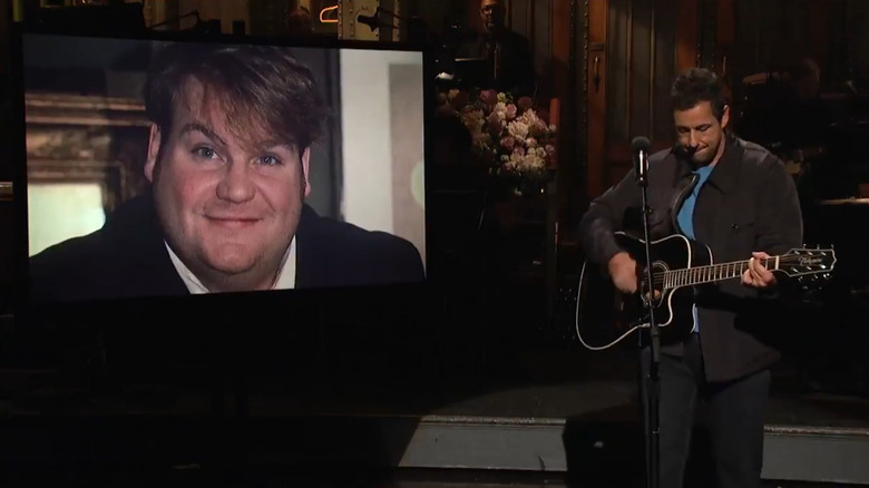 Adam Sandler performing a tribute to Chris Farley on SNL in 2019