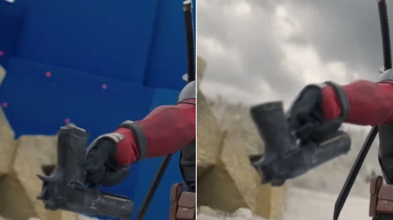 Side-by-side comparison of Deadpool twirling a gun in his hand in front of a buried giant 20th Century Fox logo in Deadpool & Wolverine before and after CGI