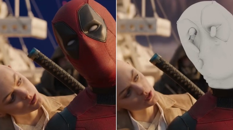 Side-by-side comparison of Cassandra Nova phasing her hand through Deadpool's head in Deadpool & Wolverine before and after preliminary CGI