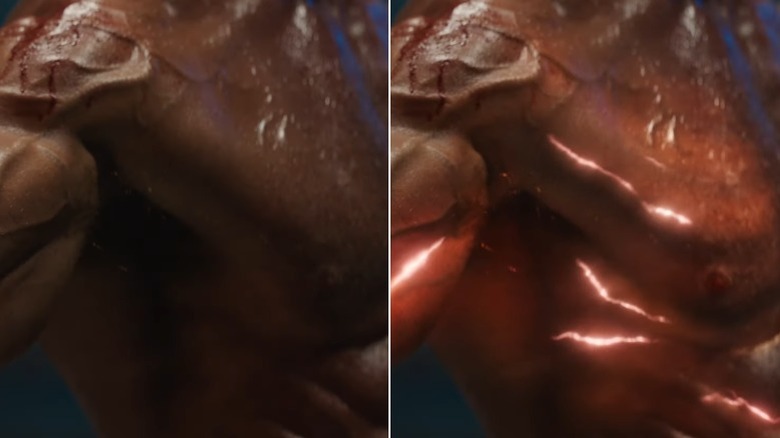 Side-by-side comparison of Logan's body absorbing the anti-matter chamber's energy in Deadpool & Wolverine before and after CGI