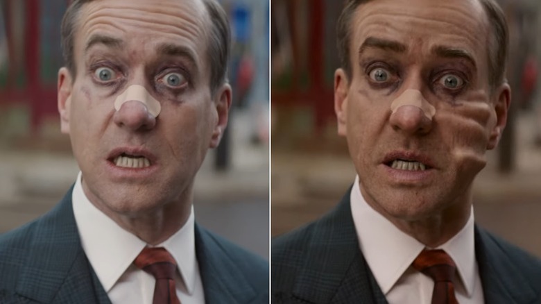 Side-by-side comparison of Matthew Macfadyen as Mr. Paradox getting his faced through by Cassandra Nova in Deadpool & Wolverine before and after CGI