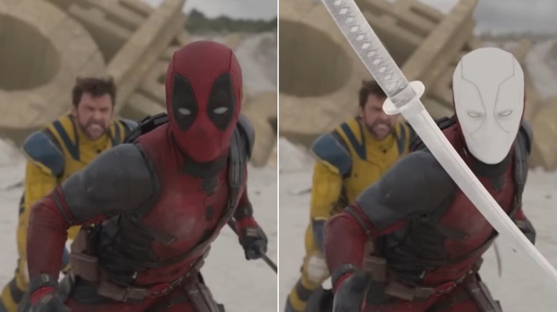 Side-by-side comparison of Wolverine watching his sword fall in front of him in Deadpool & Wolverine before and after preliminary CGI