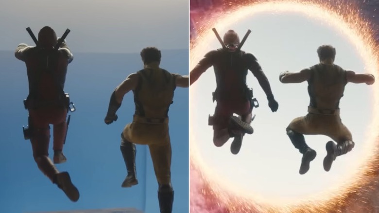 Side-by-side comparison of Deadpool and Wolverine jumping into an inter-dimensional portal in Deadpool & Wolverine before and after CGI