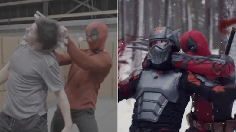 Side-by-side comparison of the stunt visualization and post-visualization for a fight between Deadpool and a TVA agent in Deadpool & Wolverine